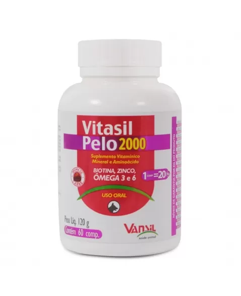 Vitasil Pelo 2000 Suplemento Vitamínico Para Cães e Gatos 120g 60 Comprimidos Vansil