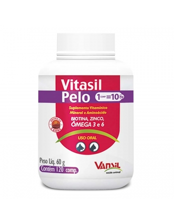 Vitasil Pelo Suplemento Vitamínico Para Cães e Gatos 60g 120 Comprimidos Vansil