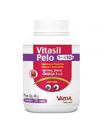 Validade 30/07/2024 Vitasil Pelo Suplemento Vitamínico Para Cães e Gatos 60g 120 Comprimidos Vansil