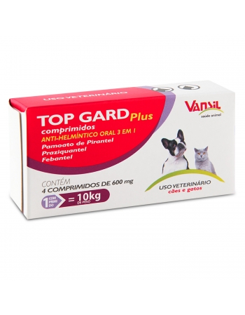 Validade:02/08/2023-Top Gard Plus Vermífugo 600mg Cães e Gatos 4 Comprimidos Vansil