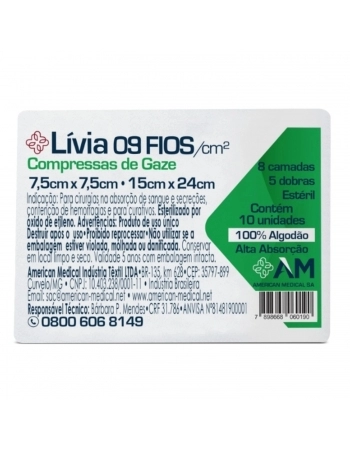 Compressa Gaze Estéril 9 Fios 7,5x7,5 com 10 Unidades Livia America Medical